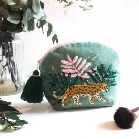 Green Velvet Makeup Bag with Jungle Leopard Design