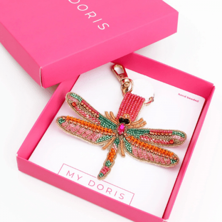 Gold and Pink Dragonfly Bag Charm – Beaded & Handcrafted