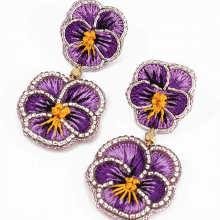 Double Purple Pansy Beaded Flower Earrings – Embroidered by Hand